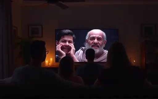 Família assistindo a um filme no escuro
