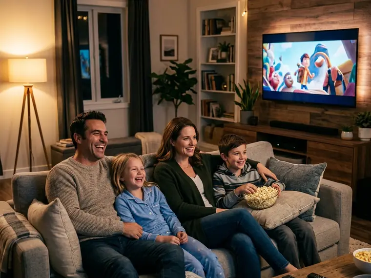 Família e amigos reunidos diante da TV na sala