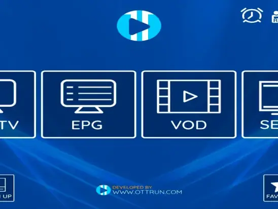 Interface de player IPTV com TV ao vivo, guia, filmes e séries