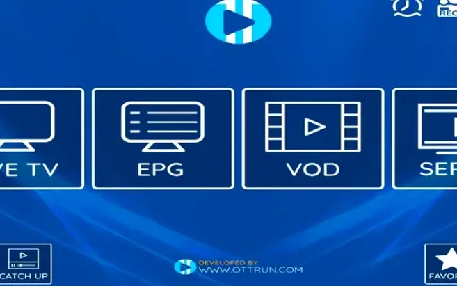Interface de player IPTV com TV ao vivo, guia, filmes e séries