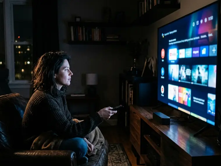 Mulher assistindo televisão em uma sala escura