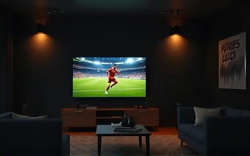 Sala escura com partida de futebol na televisão