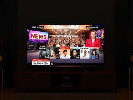 Televisão exibindo noticiário em sala escura